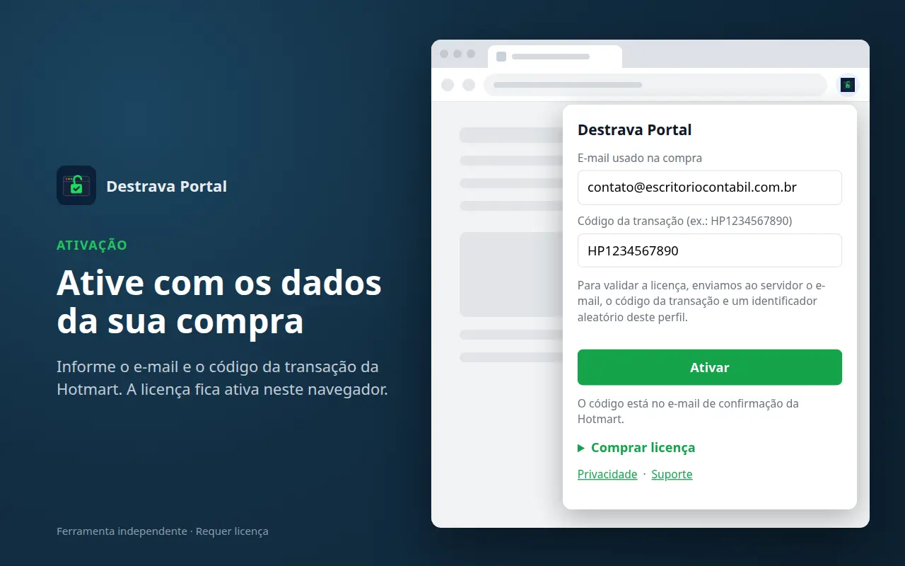 Tela de ativação com campos de e-mail da compra e código da transação e botão Ativar