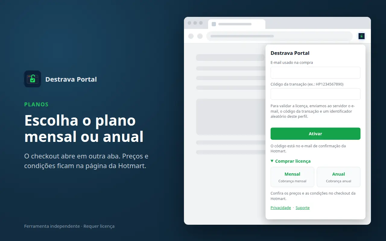 Menu Comprar licença com as opções Mensal e Anual