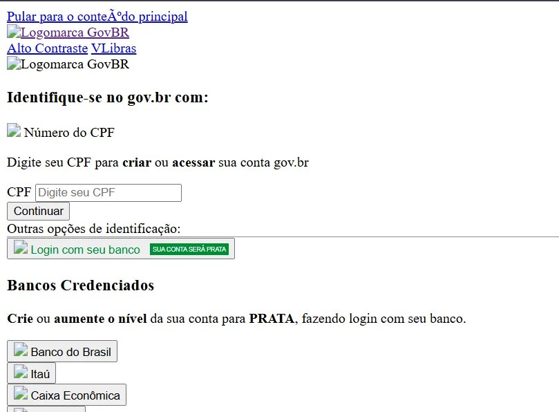 Tela de login do gov.br sem o visual normal: textos soltos, imagens quebradas e botões sem formatação
